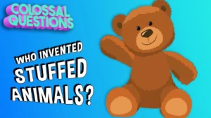 Cartoon teddy bear with question about stuffed animals inventor