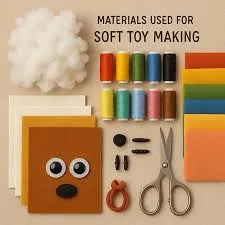 Various materials and tools laid out for making soft toys.