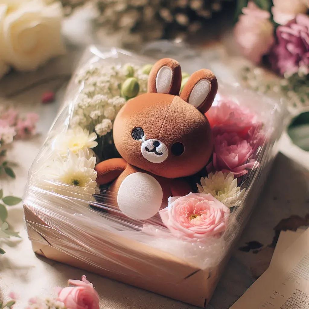 Brown bunny plush surrounded by flowers in clear gift box.