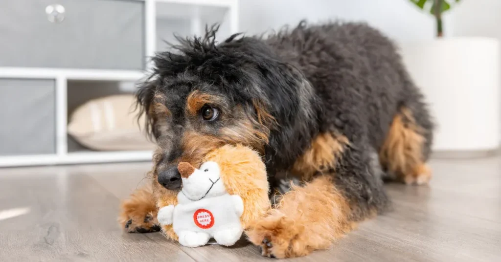 Black and brown dog playing with a hedgehog plush toy