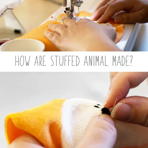 Hands sewing and attaching details to a stuffed animal fabric.