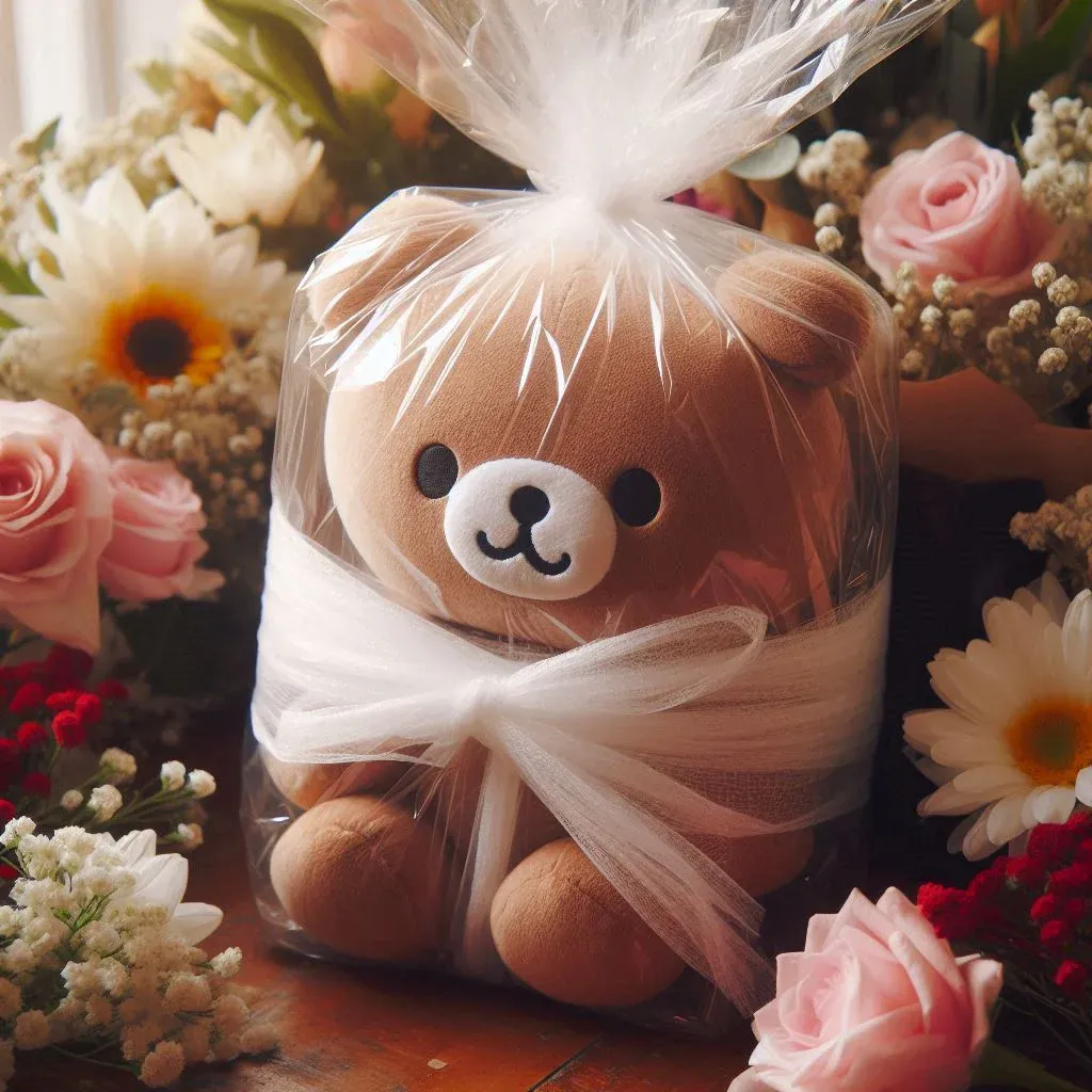 Brown plush bear wrapped in clear plastic with white bow among flowers.