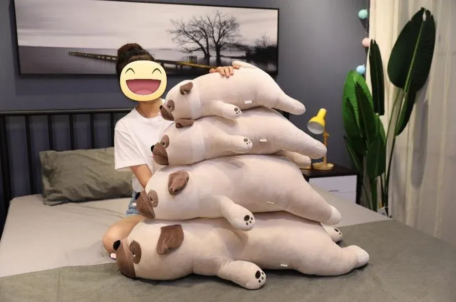 Stacked cute beige pug stuffed animals with girl.