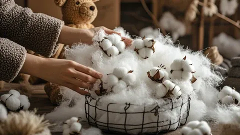 Hands picking cotton fibers from a basket for stuffing toys.