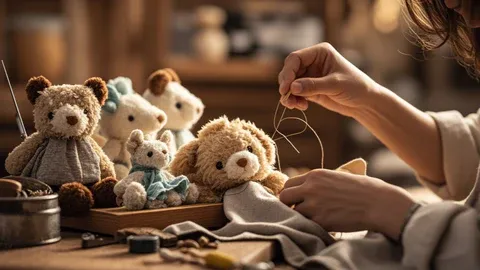 Person sewing a plush toy surrounded by finished stuffed animals.