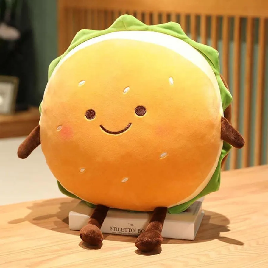 Cute smiling burger plush toy with arms and legs.
