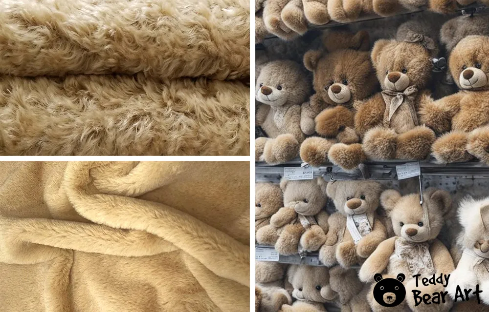 Various types of soft teddy bear fur fabric and plush teddy bears displayed.
