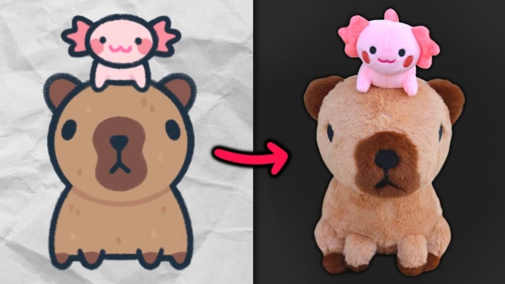 Transition from cartoon bear with pink axolotl to real plush toy version.