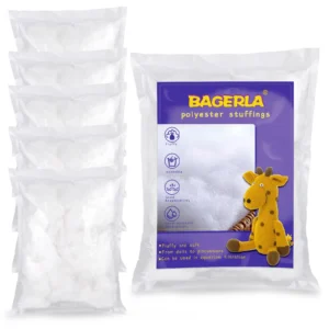 Pack of polyester stuffing bags with a purple label and a giraffe plush toy image.