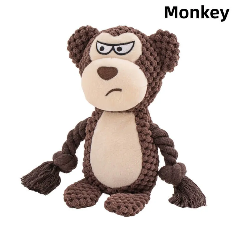 Brown and beige monkey plush toy with rope arms designed for strong chewers.