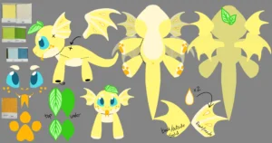 Illustrated plush dragon design sheet with color swatches, multiple views, and detailed parts labeled.