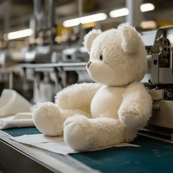 Soft teddy bear on production line in toy factory setting.