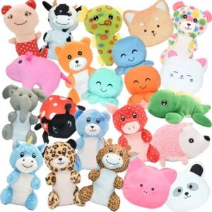 Variety of colorful plush animal toys featuring different animals and bright patterns.