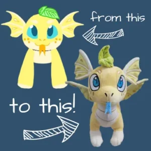 A plush toy design evolves from a basic version to a detailed dragon plush with added features.