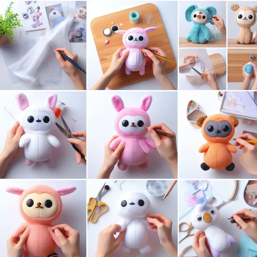 Hands painting and assembling various colorful plush toys on work surface.