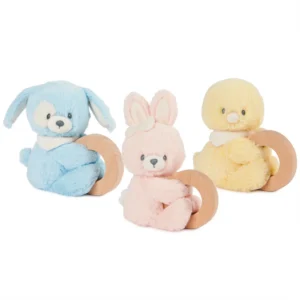 Soft plush baby teethers shaped like bunny, dog, and chick with wooden rings.