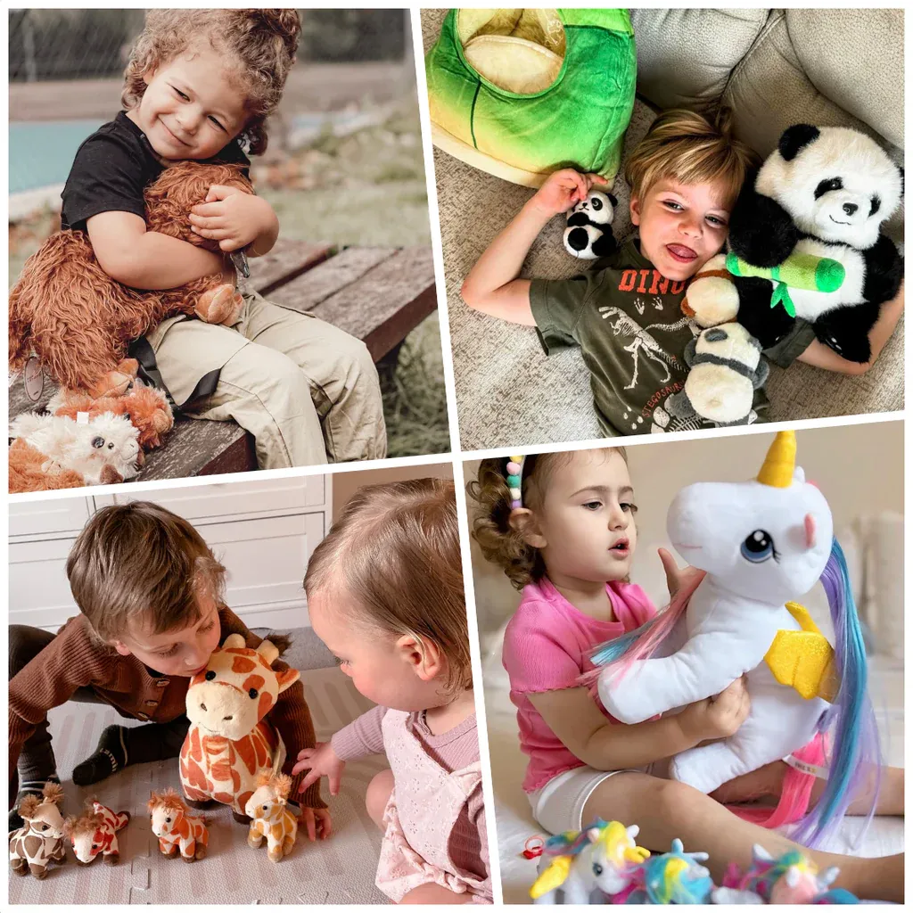 Children playing and hugging various stuffed animals including giraffes, pandas, and unicorns.