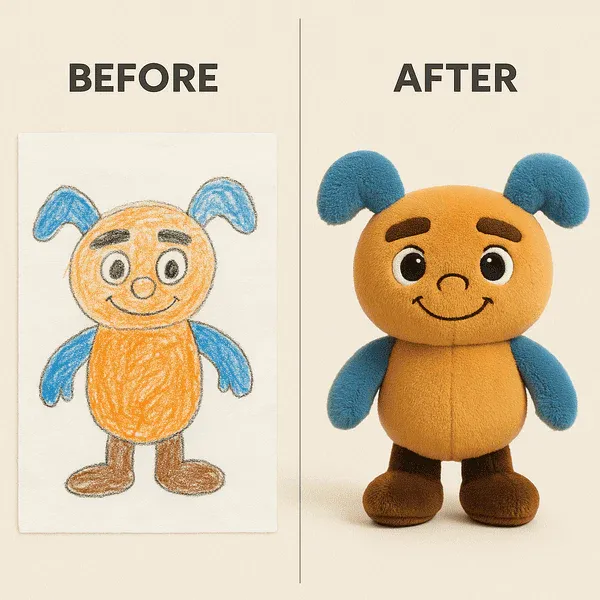 A character drawing is brought to life as a plush toy, showcasing the transformation process.