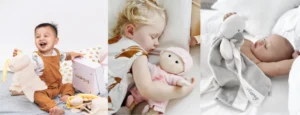 Babies and toddlers with soft, hypoallergenic cuddly toys for sensitive skin.