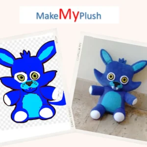 Illustration and plush toy of blue cartoon character side by side.