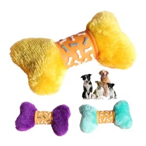 Colorful plush and rubber dog chew bones with four dogs background.