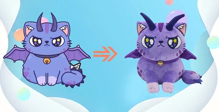 Purple cartoon cat with wings and horns transformed into plush toy version.