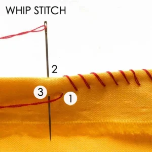 Needle stitching with red thread on yellow fabric demonstrated.