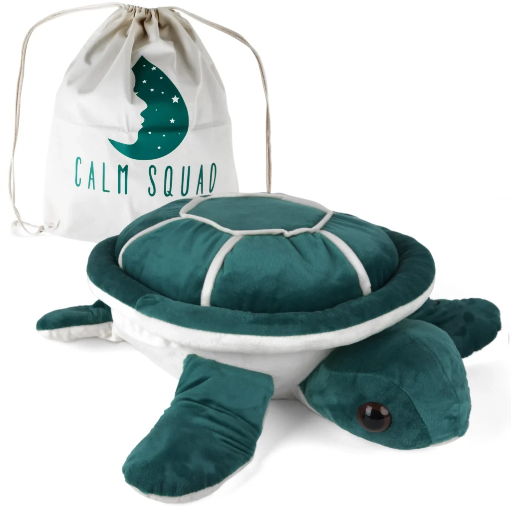 Green and white turtle plush with white drawstring bag