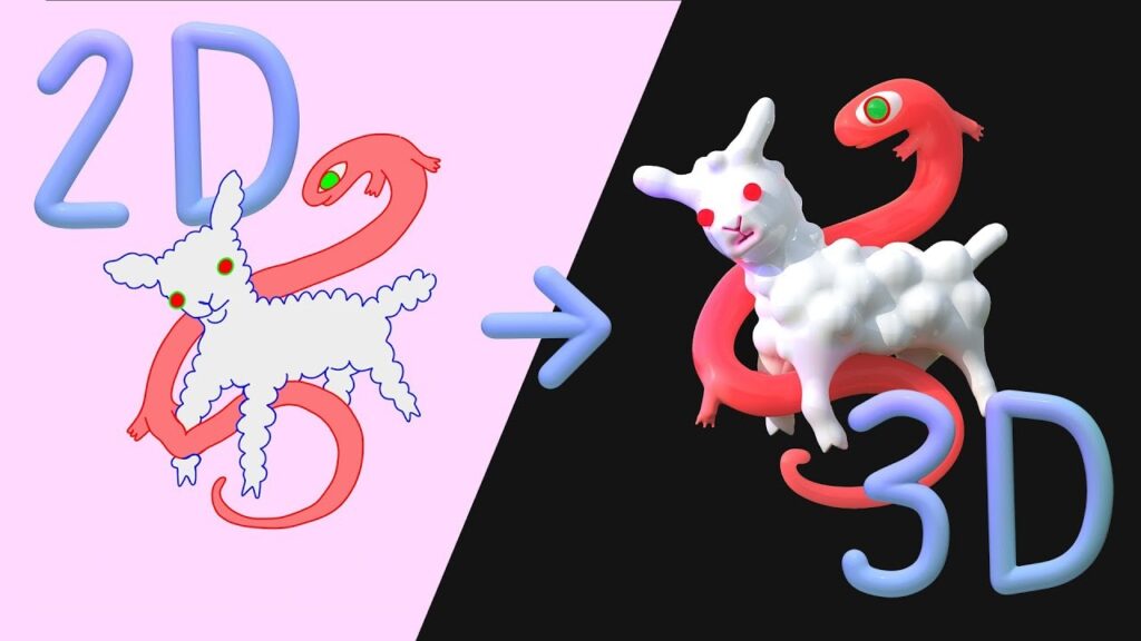 Illustration showing transformation from 2D cartoon to 3D plush model of lamb and snake character.