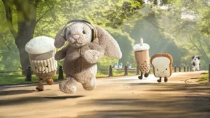 Plush bunny and food-themed toys jogging in a park with joyful expressions.