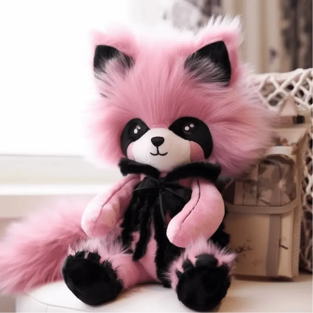 Fluffy pink panda plush toy with black accents and big eyes