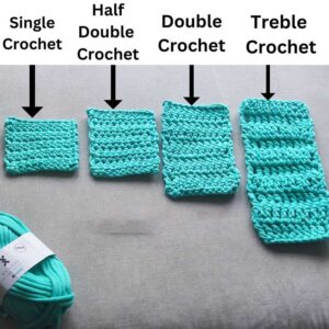 Examples of single, half double, double, and treble crochet stitches.