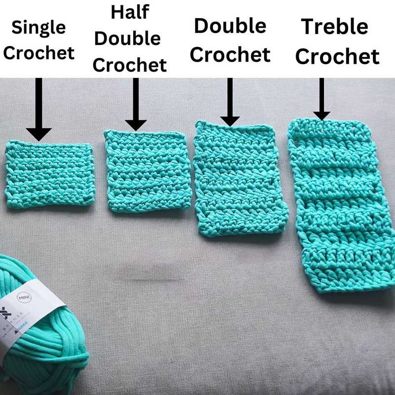 Examples of single, half double, double, and treble crochet stitches.