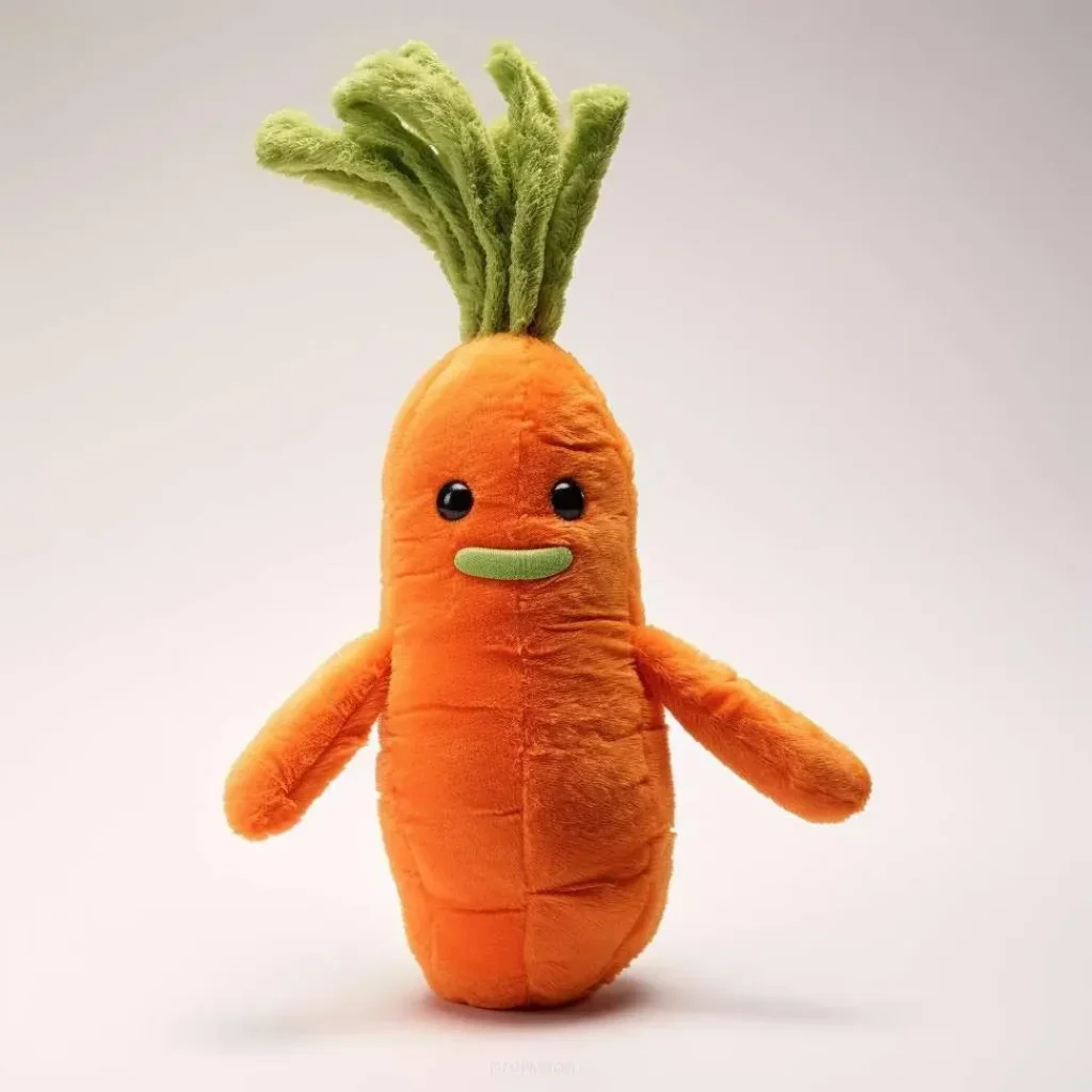Cute orange carrot plush with green leaves and smiling face