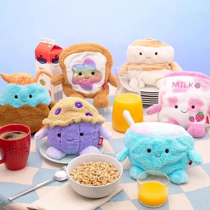 Cute plush toys resembling breakfast items and drinks