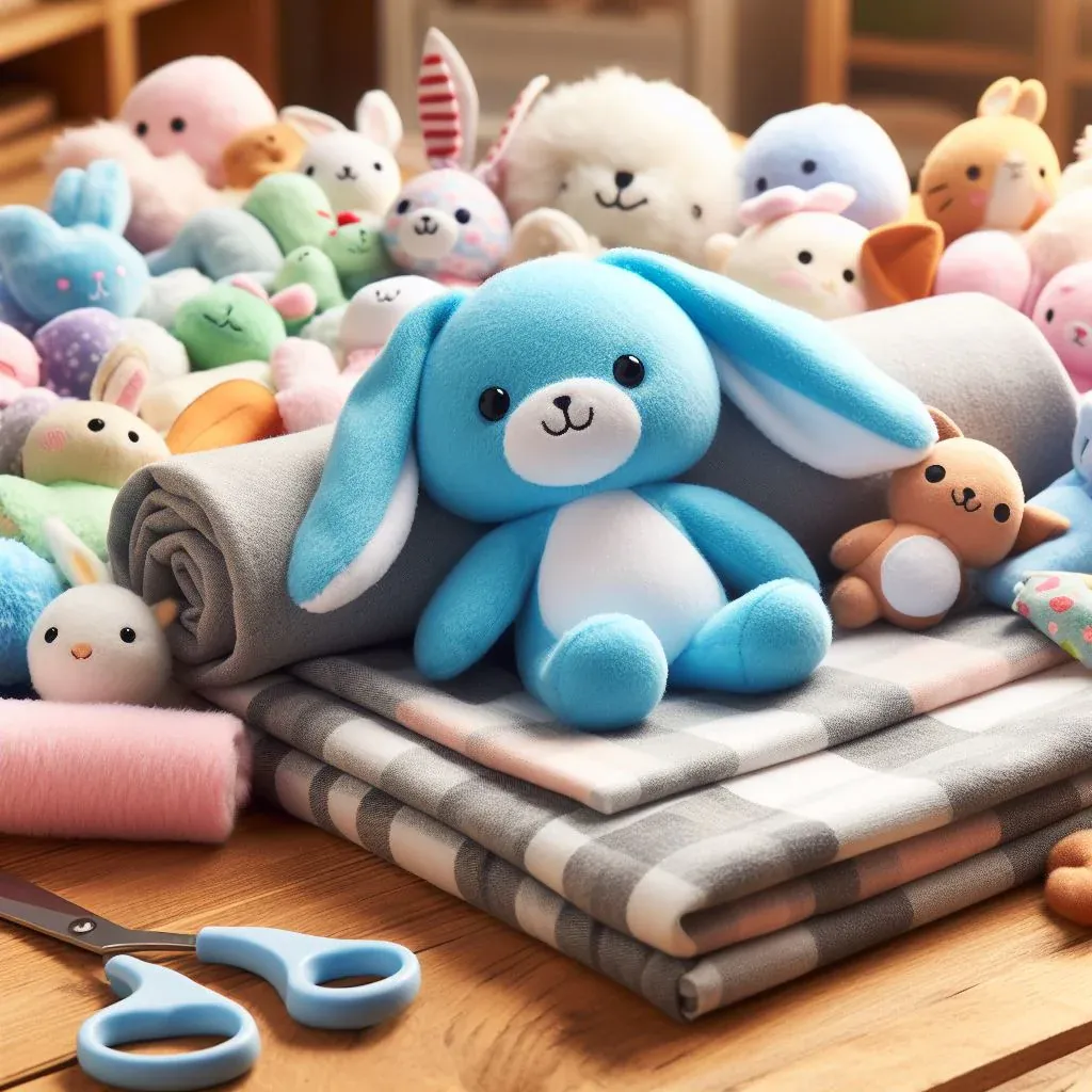 Blue bunny plush and materials on table for soft toy making.