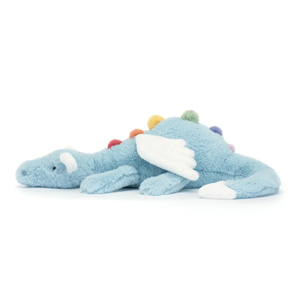 Soft blue dragon plush toy with colorful spikes and white wings