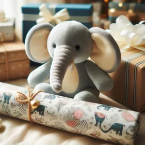 Soft grey elephant plush toy surrounded by wrapped gifts and decorative paper.