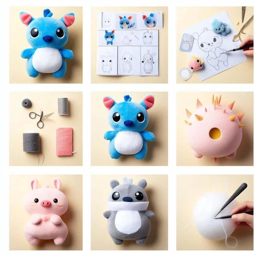 Steps showing design, materials, and plush toys in blue, pink, and gray colors.