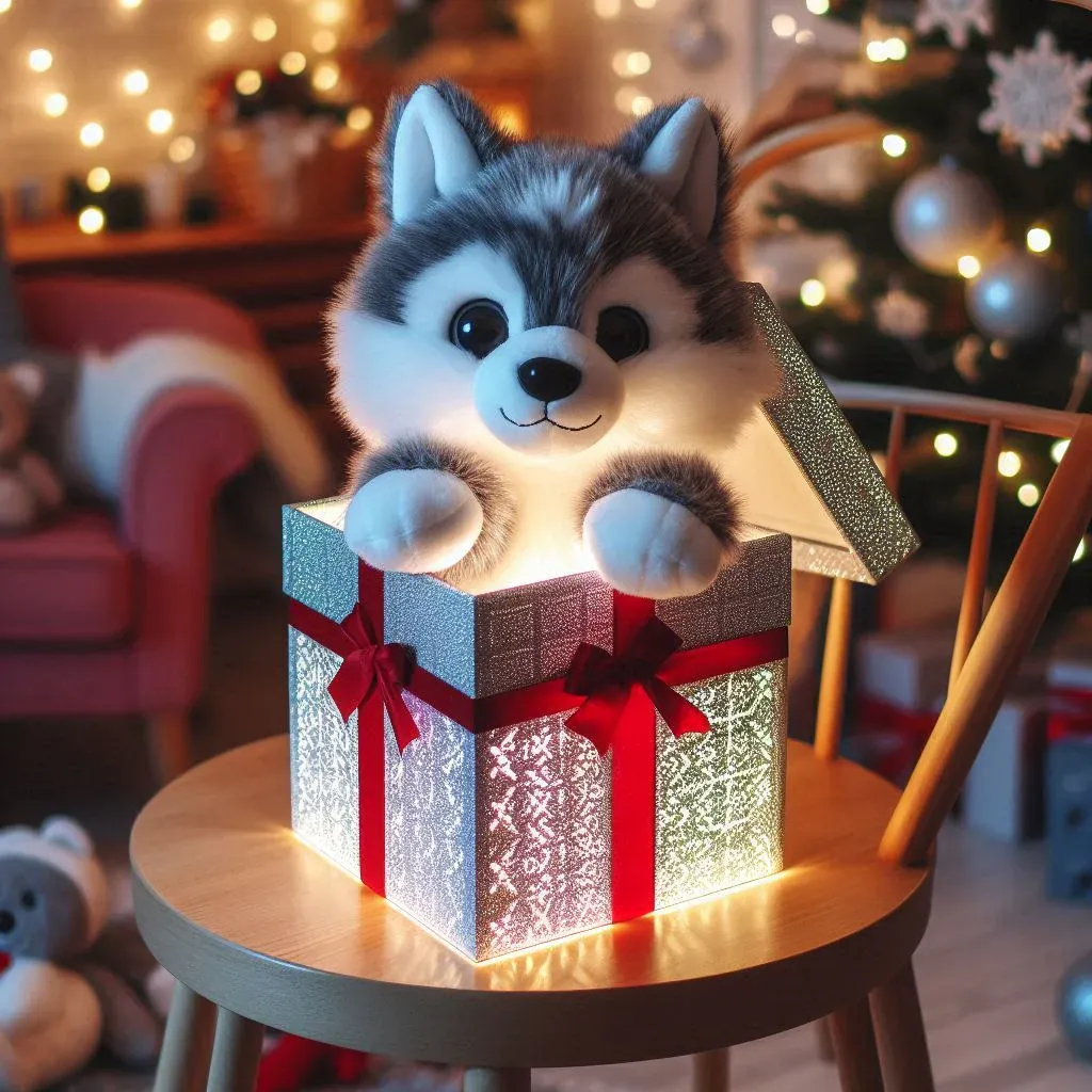 Cute plush husky dog inside glowing gift box with red ribbon in festive room.