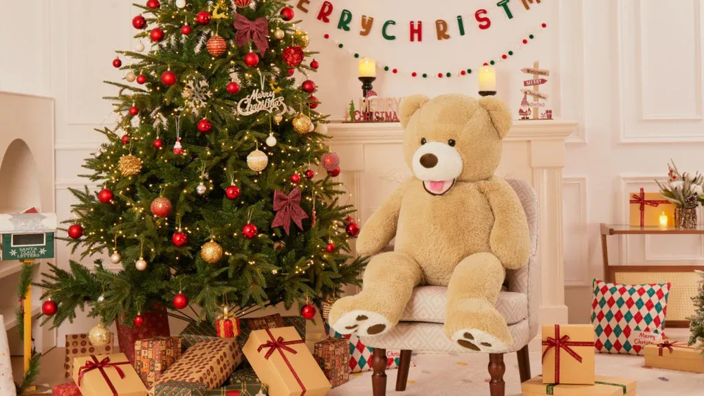 Large teddy bear sitting on chair near decorated Christmas tree with gifts.