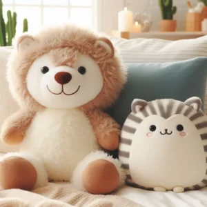Soft lion and striped cat plush toys on a bed