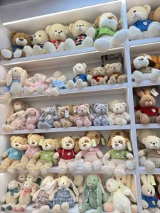 Shelves filled with assorted plush teddy bears and stuffed animals in various colors and outfits.