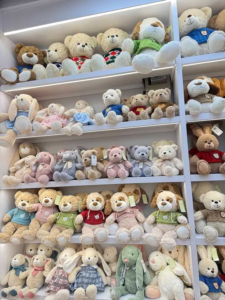 Shelves filled with assorted plush teddy bears and stuffed animals in various colors and outfits.