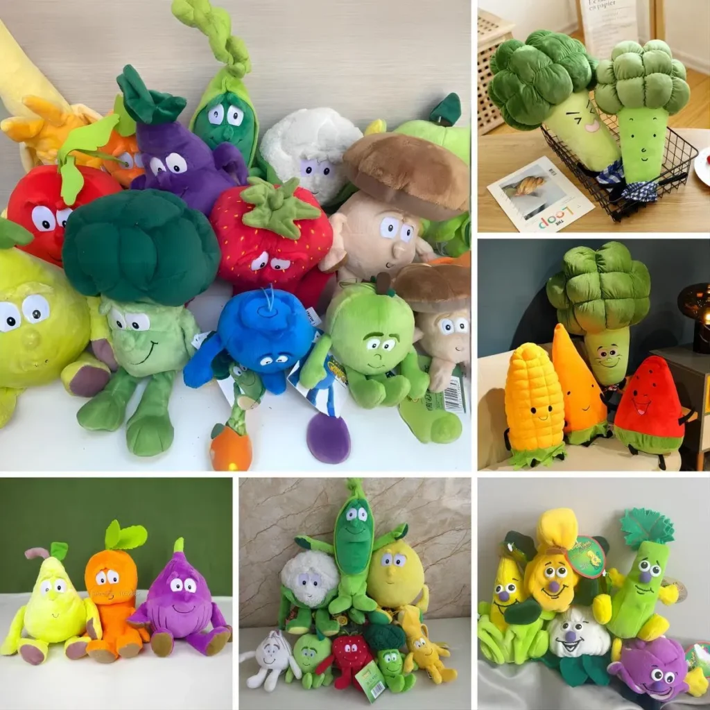 Colorful plush toys shaped like various vegetables with faces and expressions.