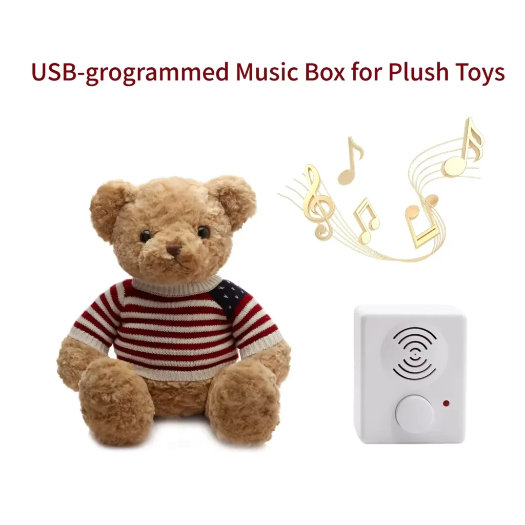 Plush teddy bear with striped sweater and white USB music box with music notes.
