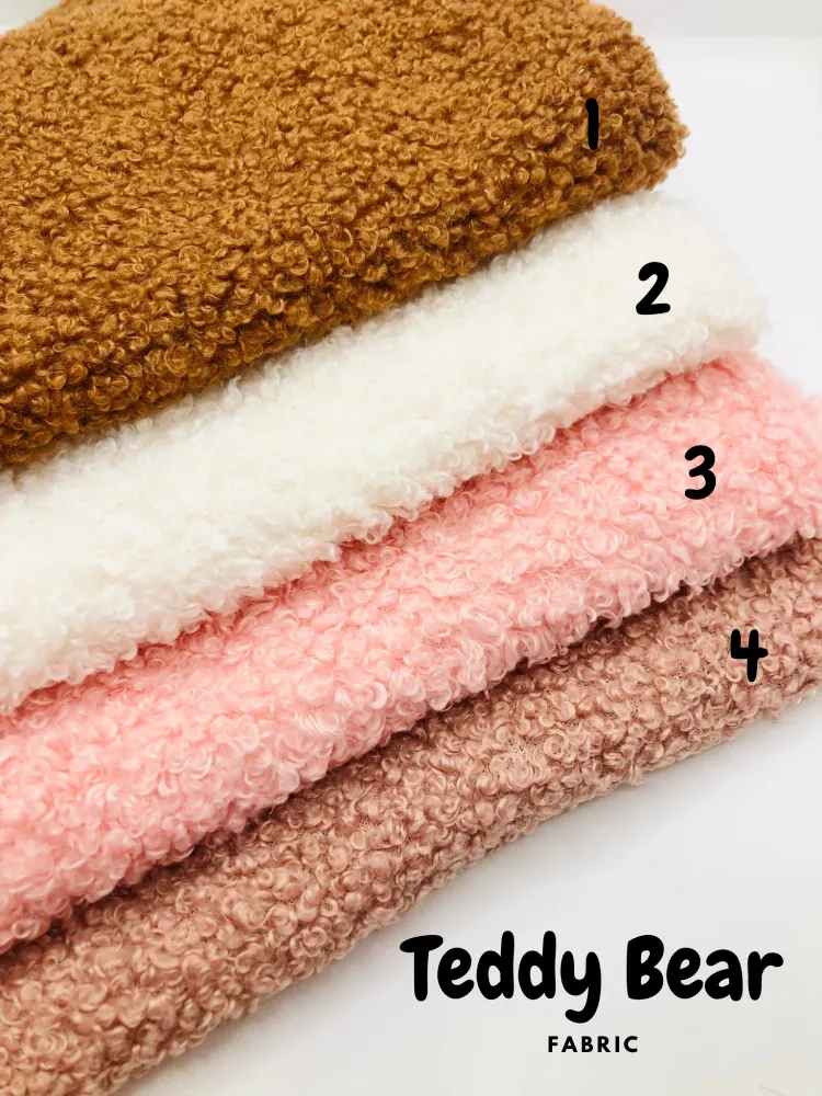 Four colorful teddy bear fabrics in brown, white, pink, and beige