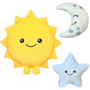 Cute plush toys shaped like smiling sun, crescent moon, and star with friendly faces