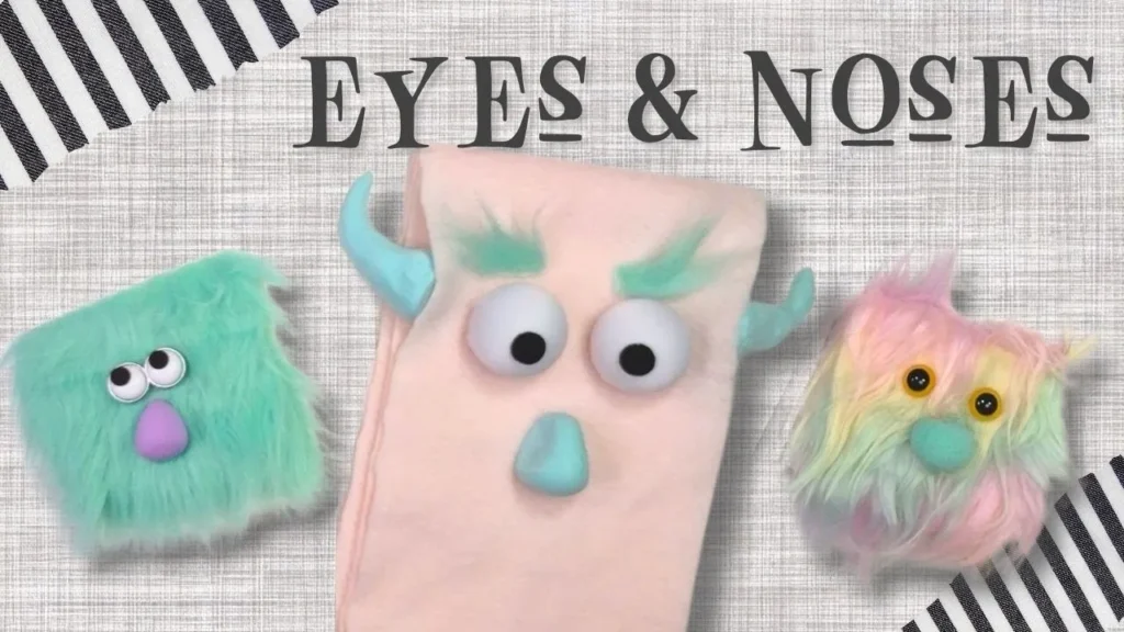 Colorful plush monsters with large eyes and noses on textured background labeled "Eyes & Noses"