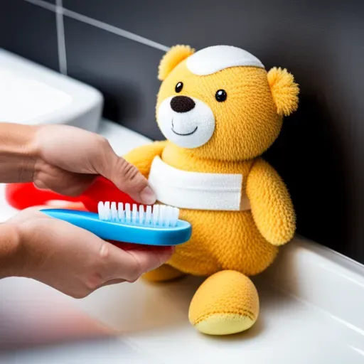Person cleaning yellow stuffed bear with toothbrush in bathroom sink
